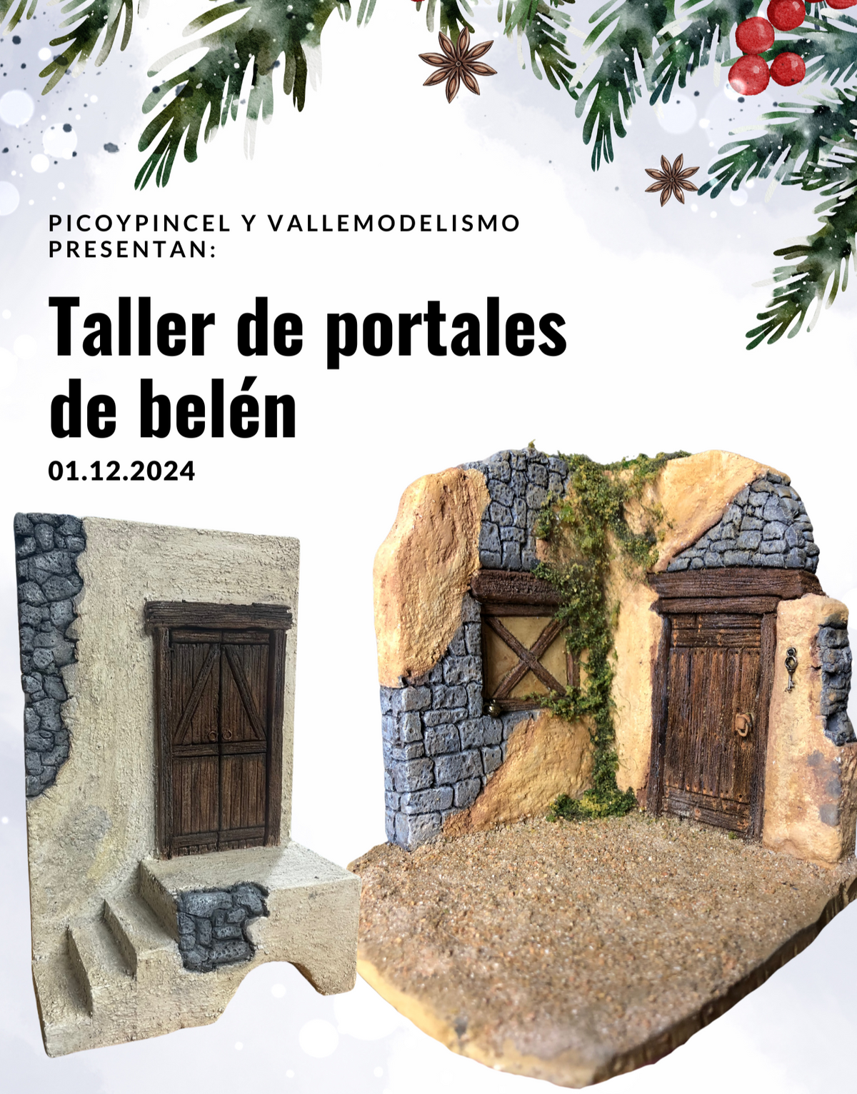 Cartel del taller de portales de belén de Picoypincel y Vallemodelismo, con dos fachadas en miniatura